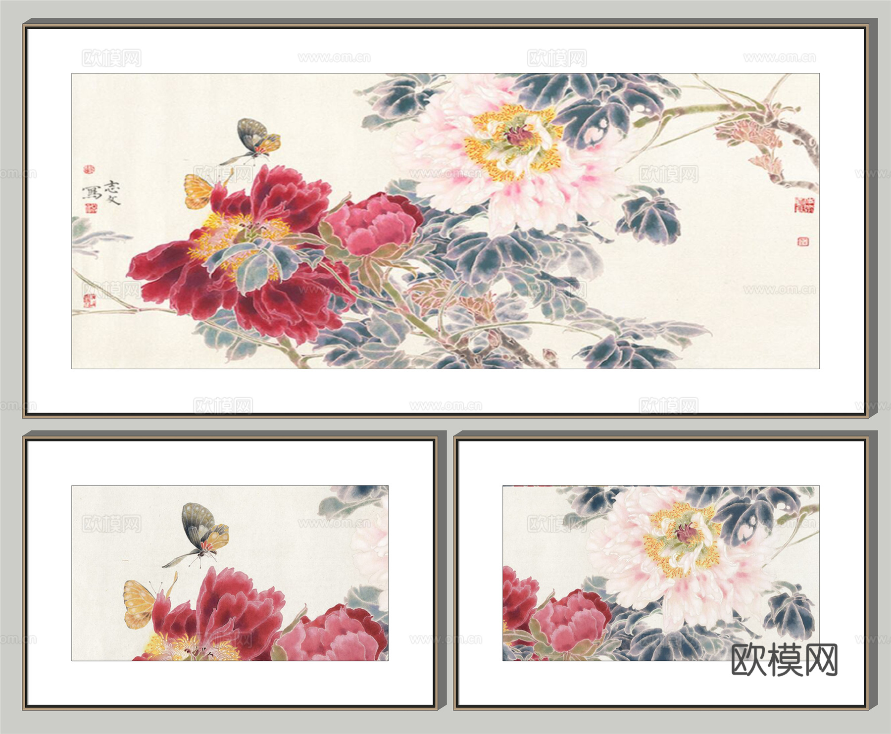 新中式牡丹装饰画su模型下载