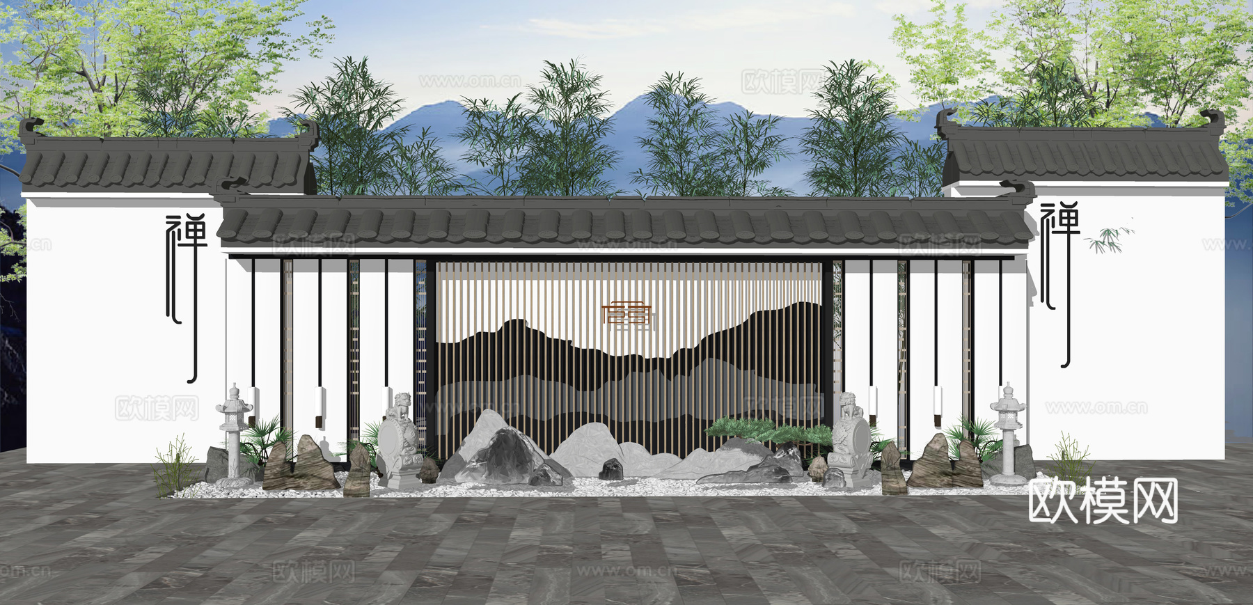 新中式假山景石景墙小品su模型下载