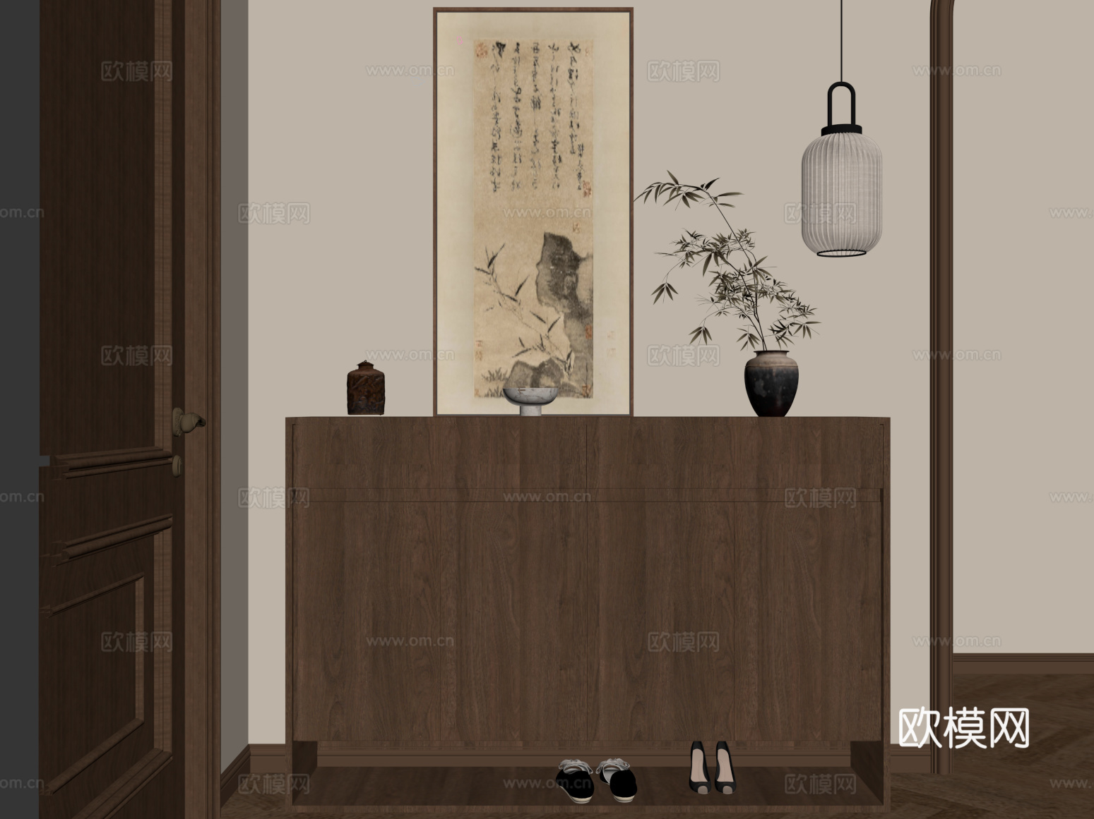 10新中式鞋柜 吊灯 花瓶 挂画su模型