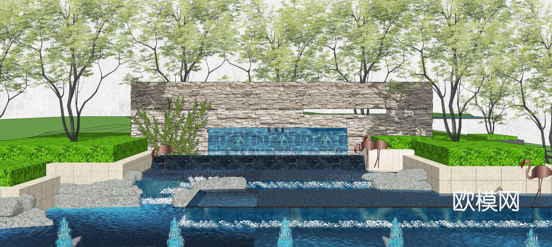 现代住宅小区跌水水景景观su模型下载