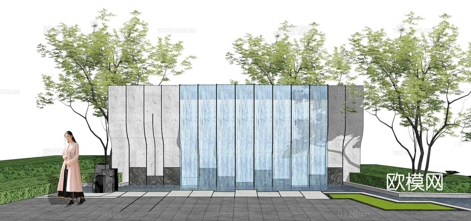 现代水帘景观墙su模型下载