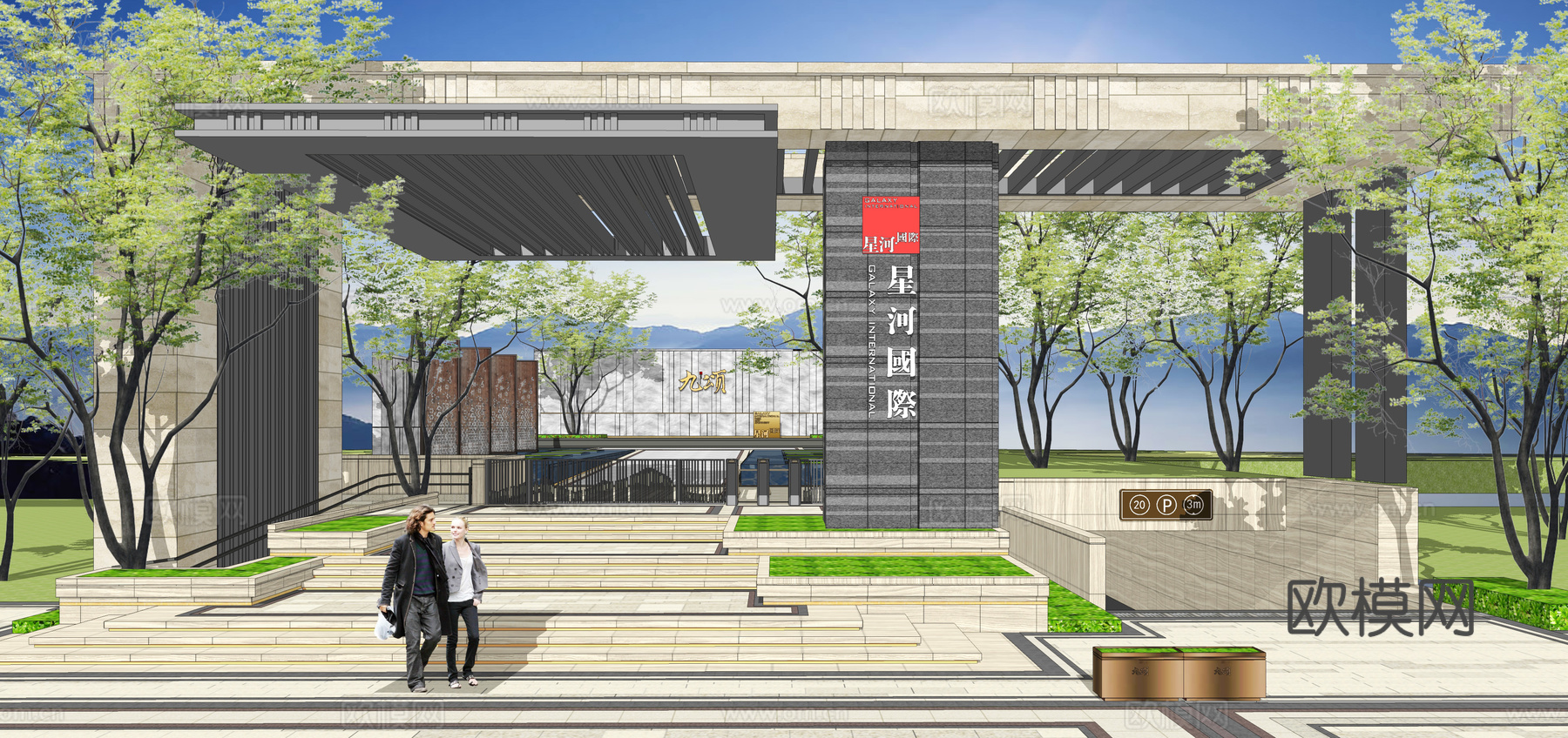 现代小区大门门头su模型下载