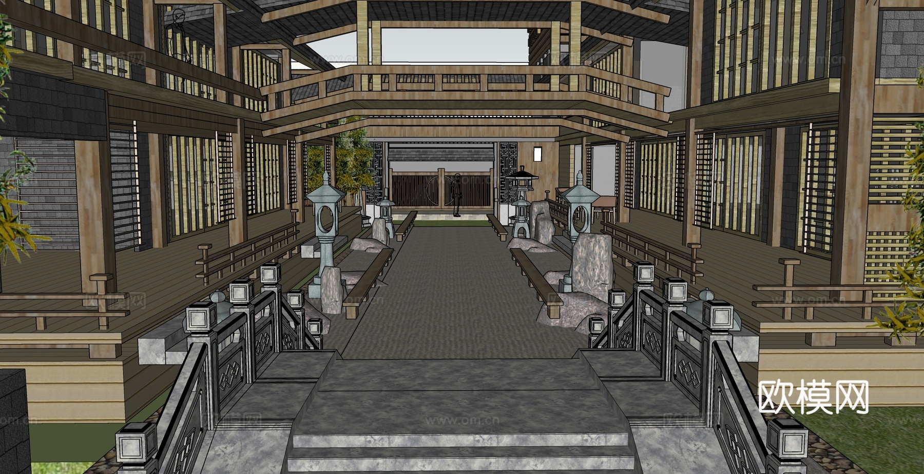 中式古建筑外观su模型下载