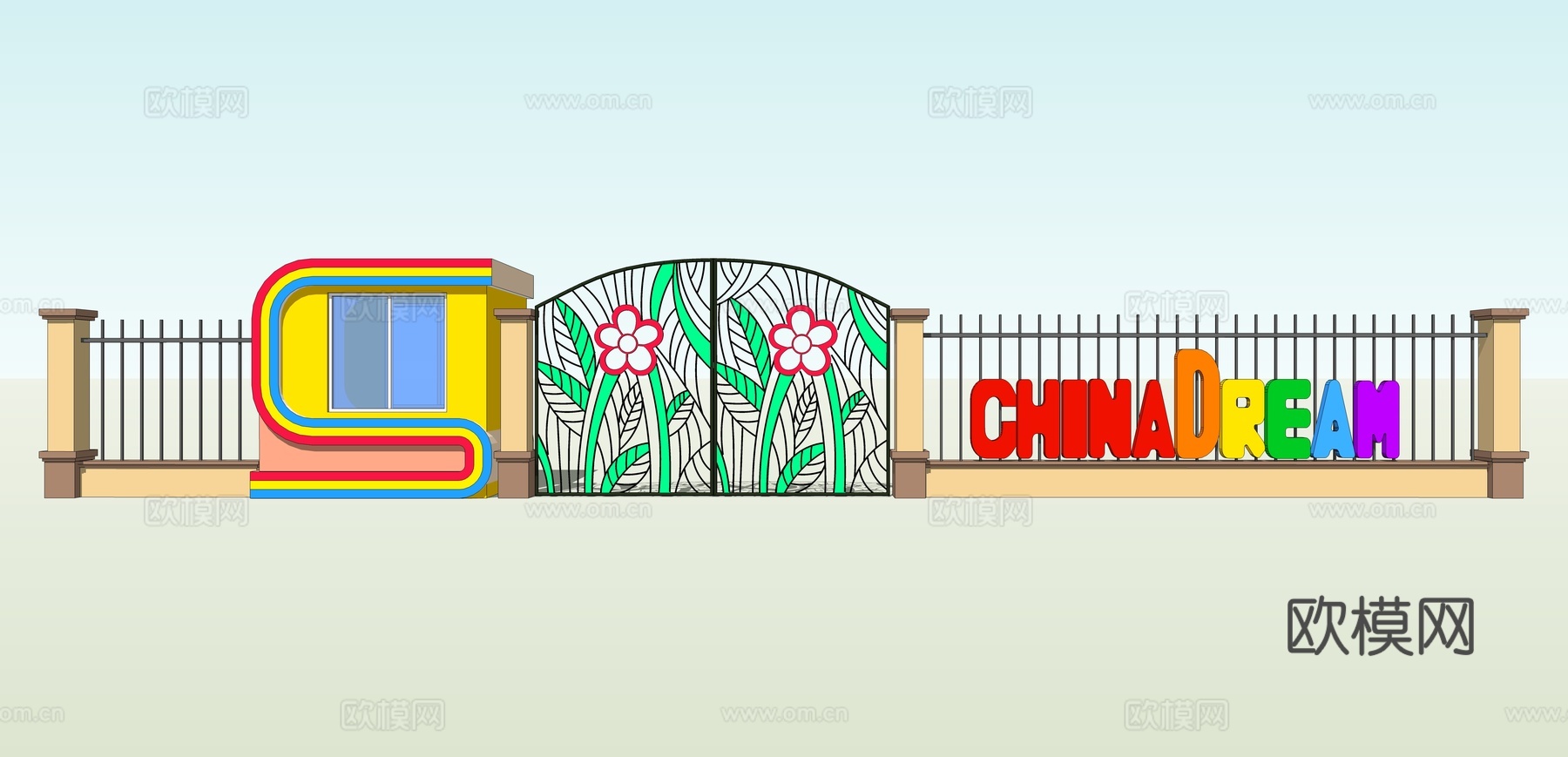 现代幼儿园卡通形象围墙su模型下载
