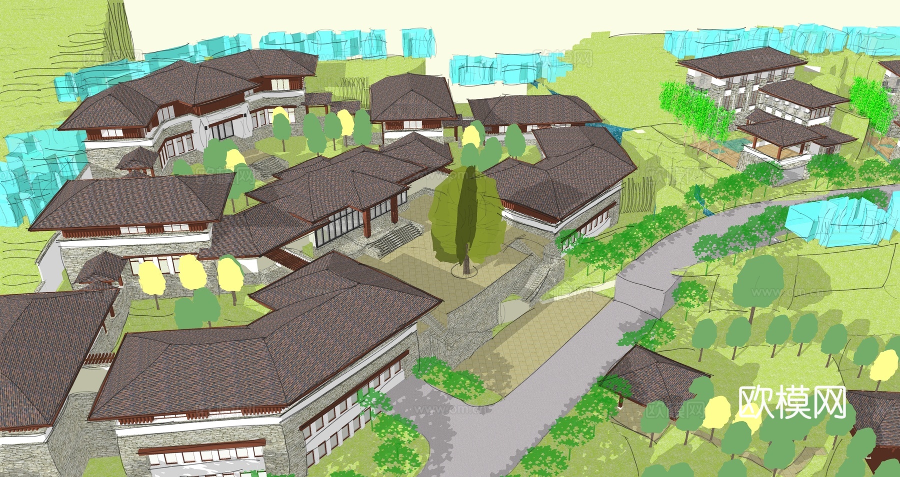 现代酒店民宿建筑su模型下载