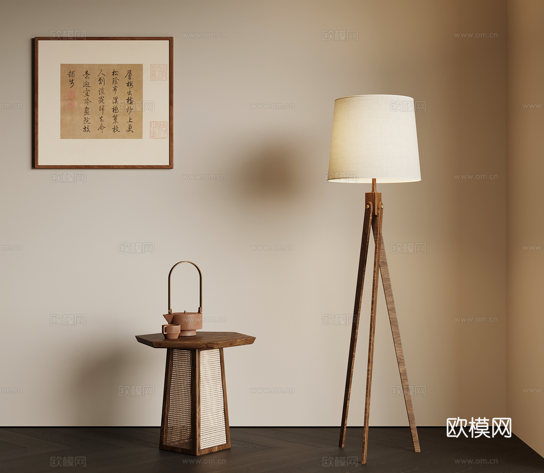 03落地灯 中古风落地灯 边几 挂画3d模型