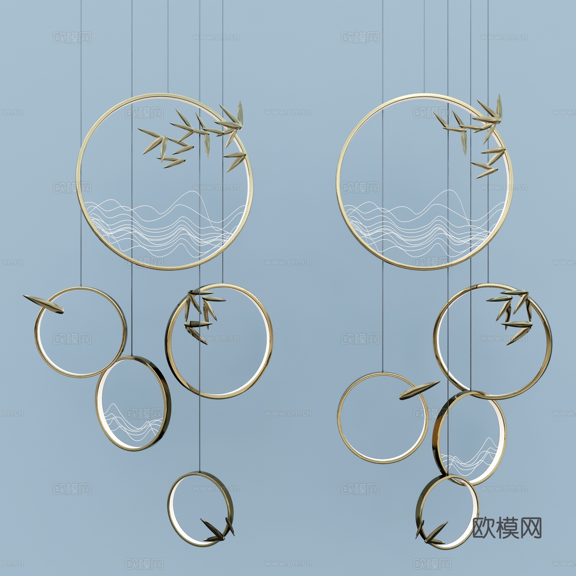 新中式金属竹叶吊灯su模型下载