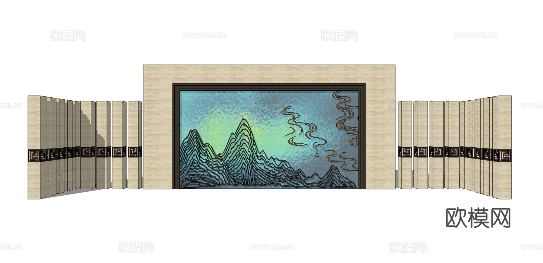 新中式山水景观墙su模型下载
