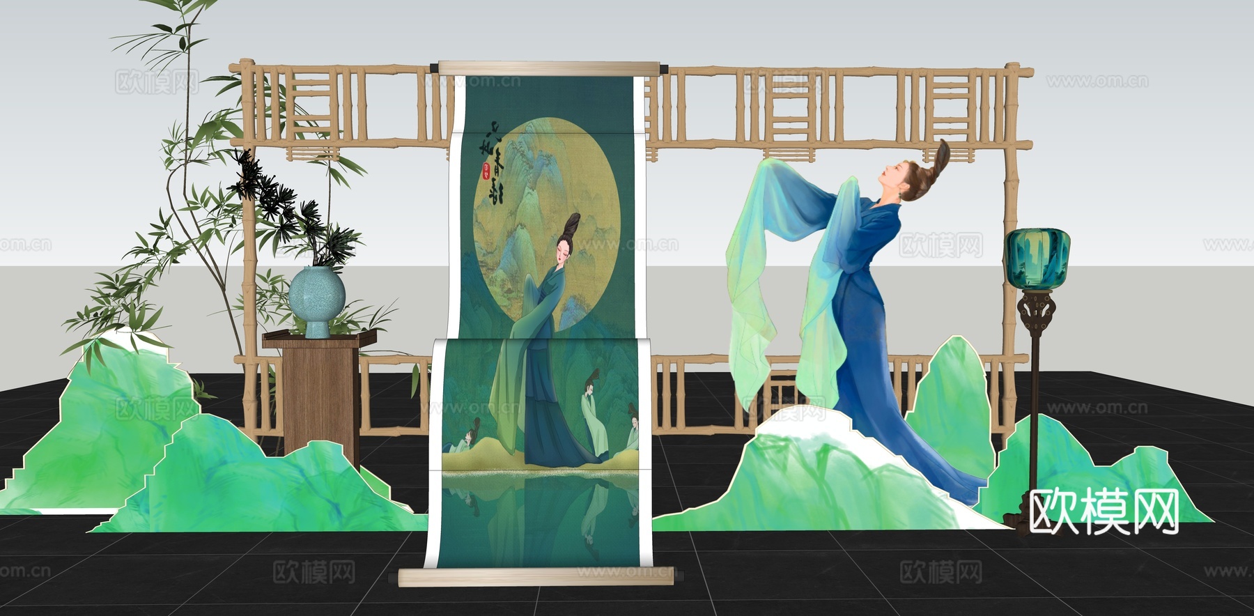 新中式美陈 只此青绿美陈布置 国潮古风美陈 国风舞台美陈展览su模型