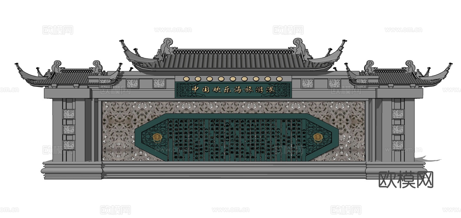 新中式文化墙su模型下载