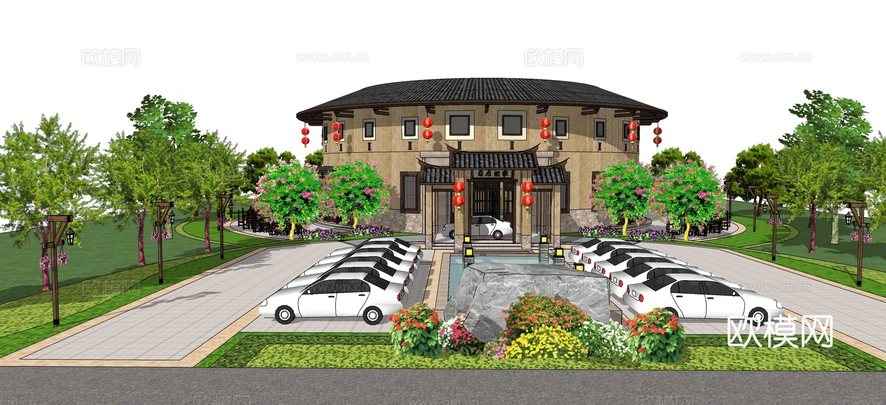 新中式土楼建筑su模型下载