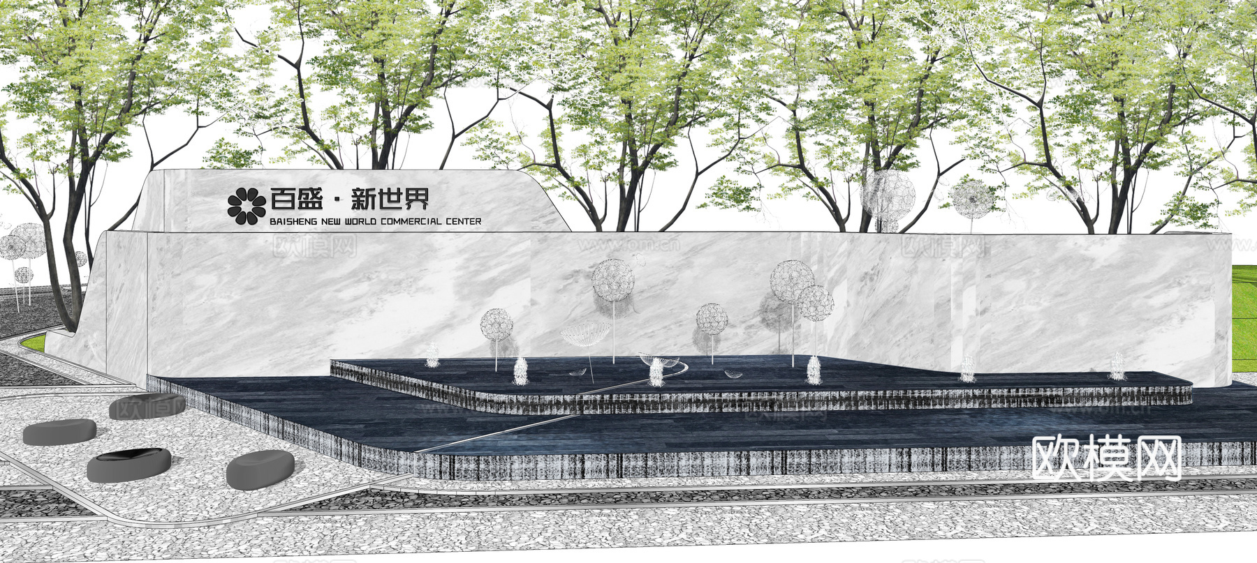 现代水池景观小品su模型下载