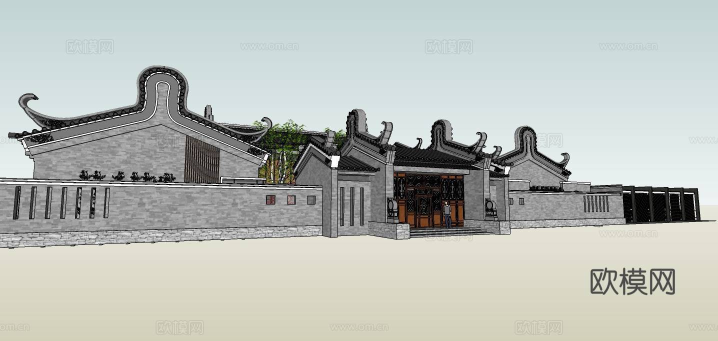 中式四合院外观su模型下载