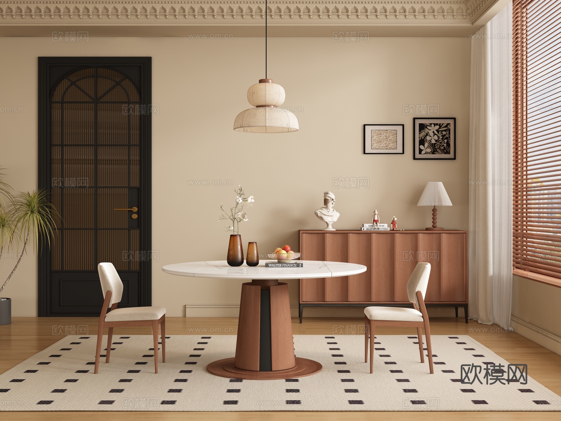中古风餐厅 餐桌椅免费su模型下载（渲染图1）
