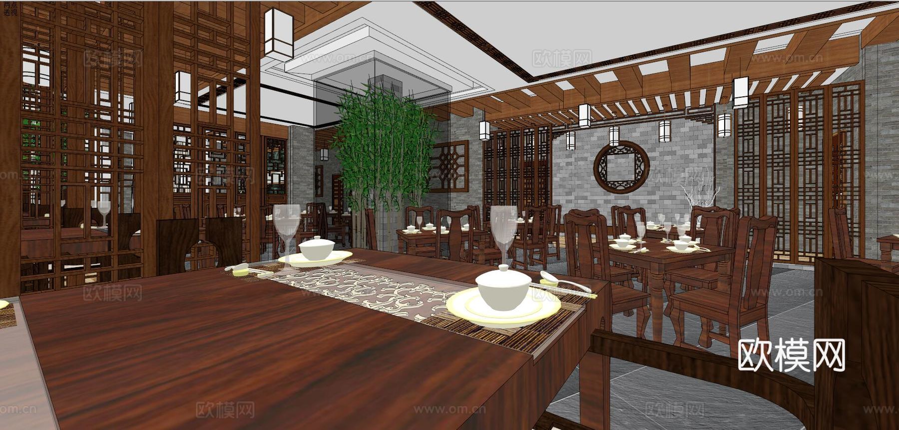 新中式餐厅su模型下载