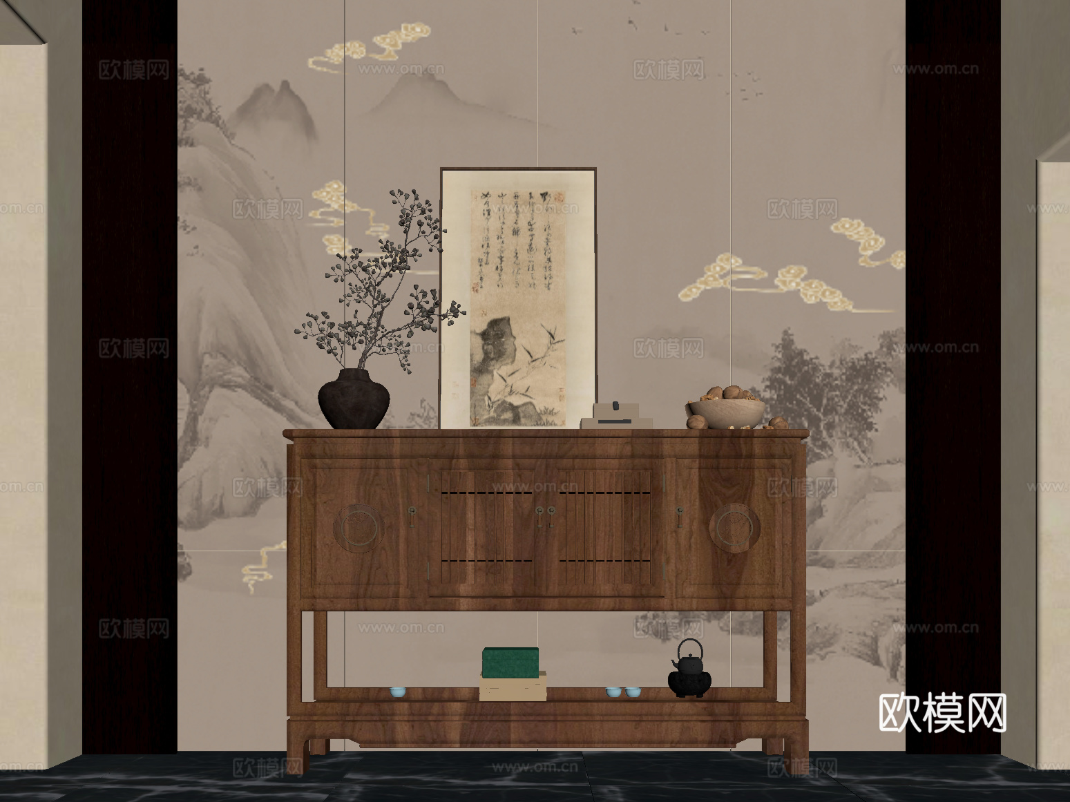 05玄关 新中式玄关 端景柜 玄关柜 盆栽盆景 摆件su模型