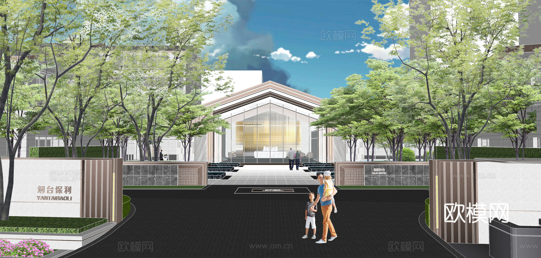 新中式售楼部建筑外观su模型下载