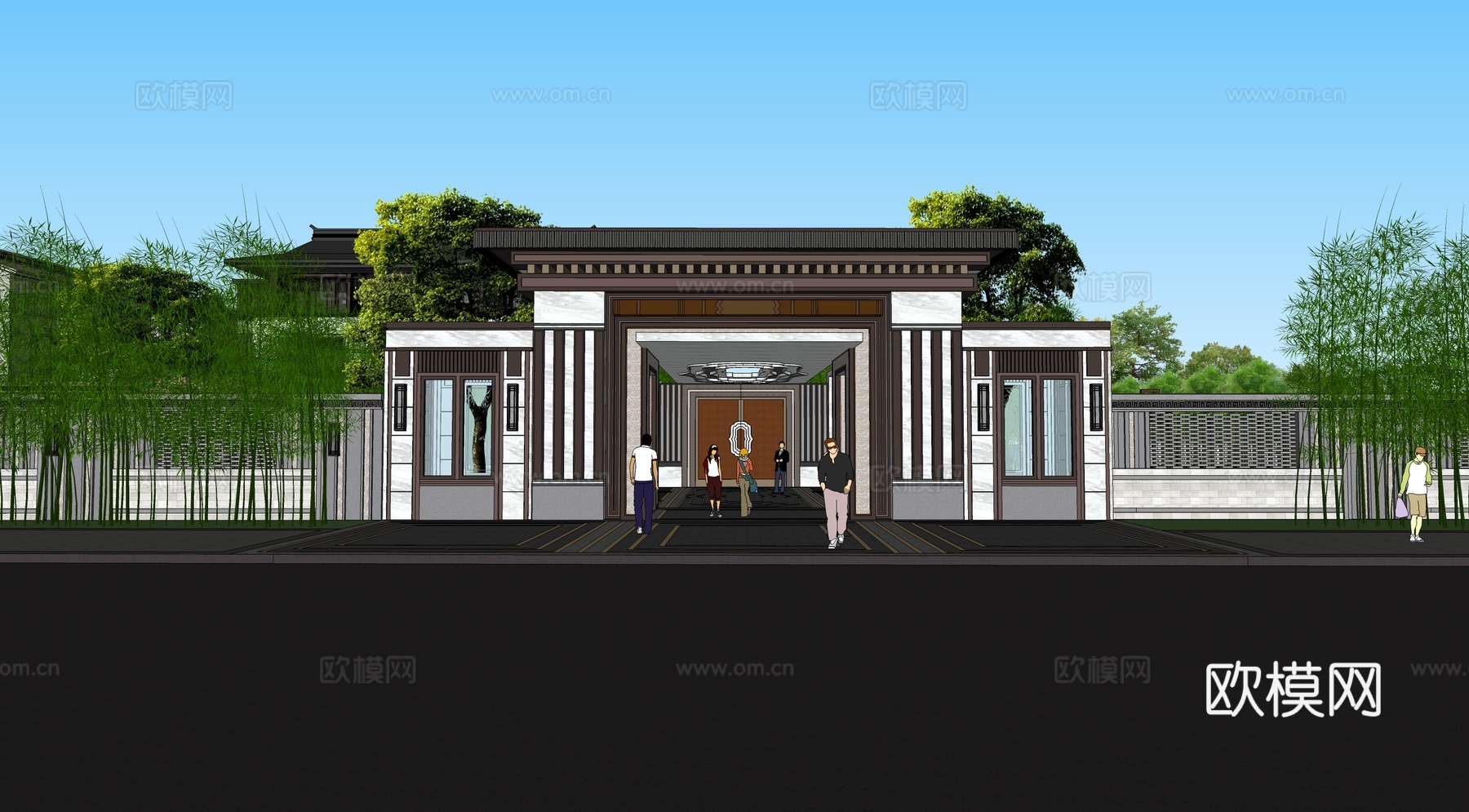 新中式会所外观su模型下载