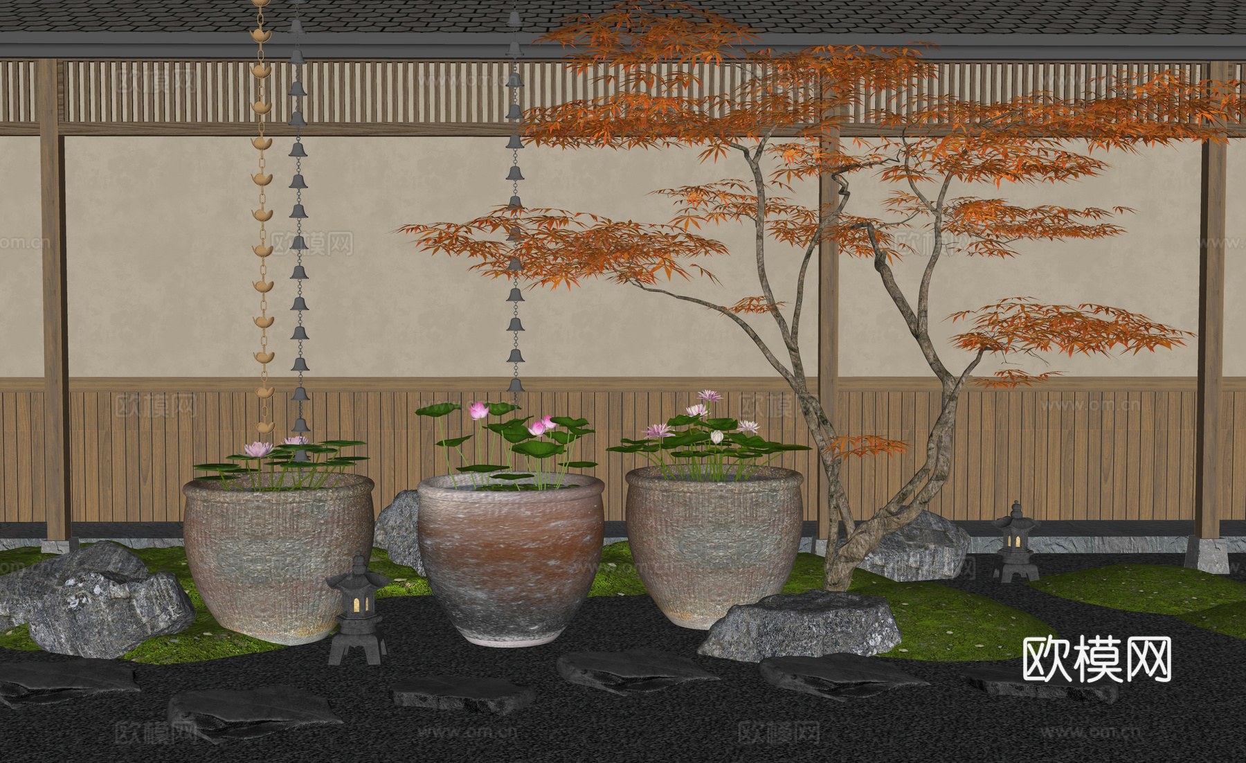 新中式庭院小品 水缸 荷花缸 红枫 汀步 景观石 雨链 水景3d模型