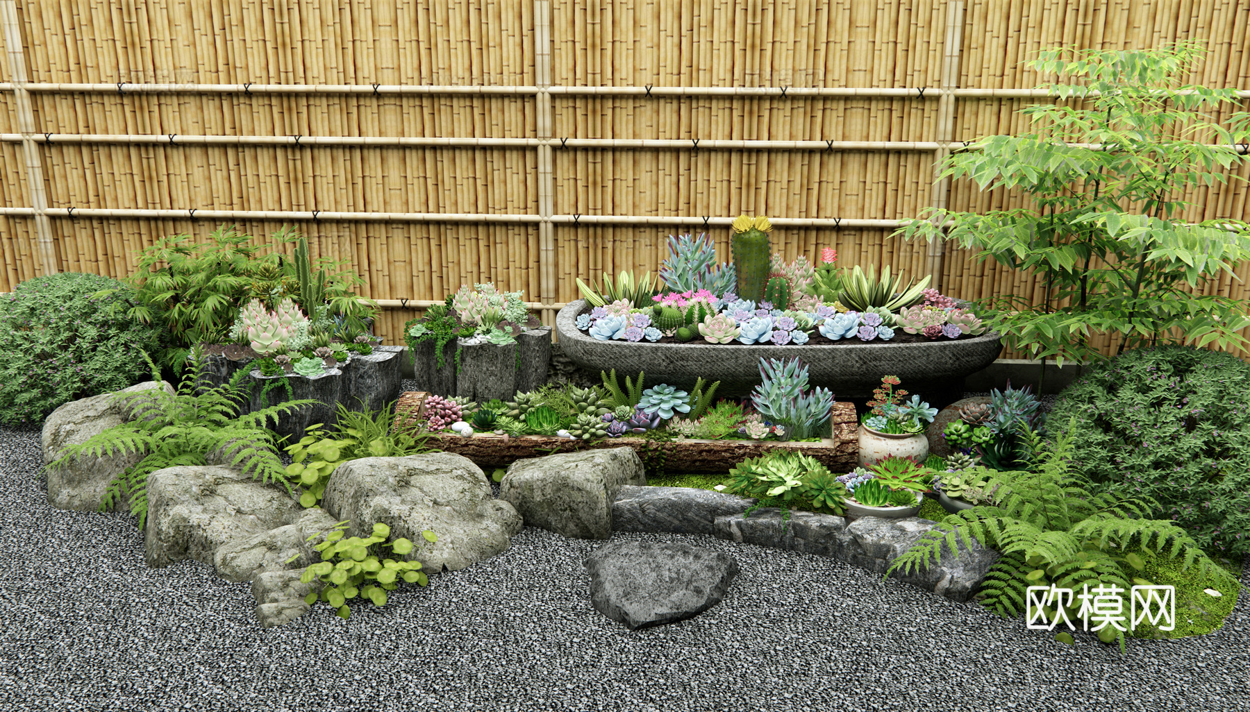 日式多肉植物 多肉盆栽 植物组合 花草 庭院小品 灌木 植物su模型