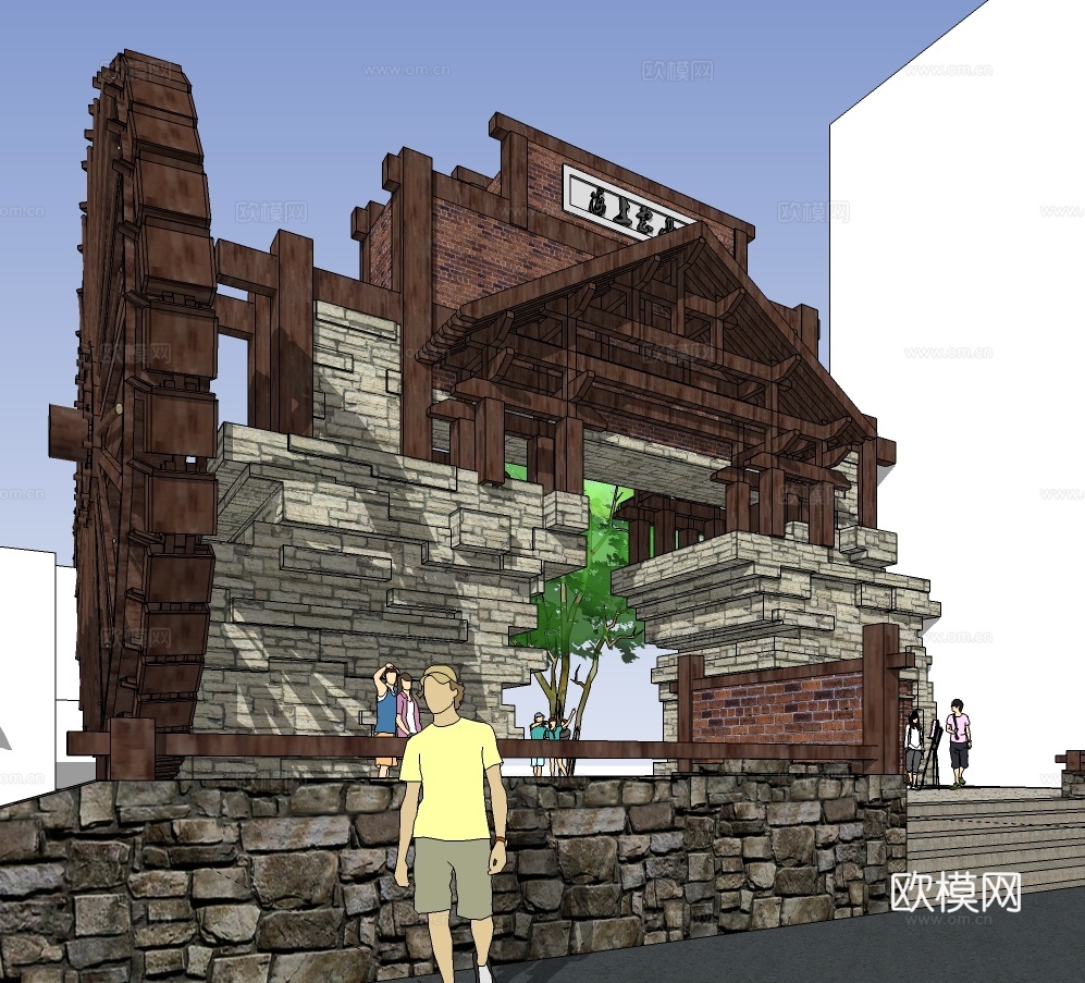 中式景区大门入口su模型下载