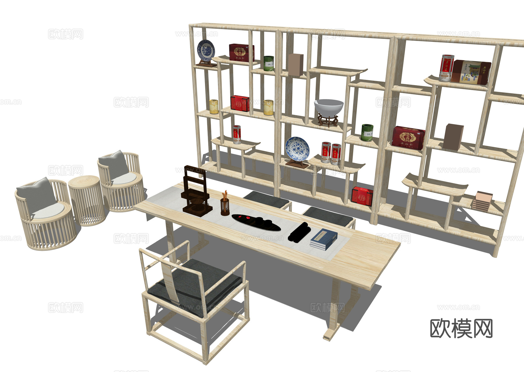 新中式实木茶桌椅su模型下载下载（渲染图2）