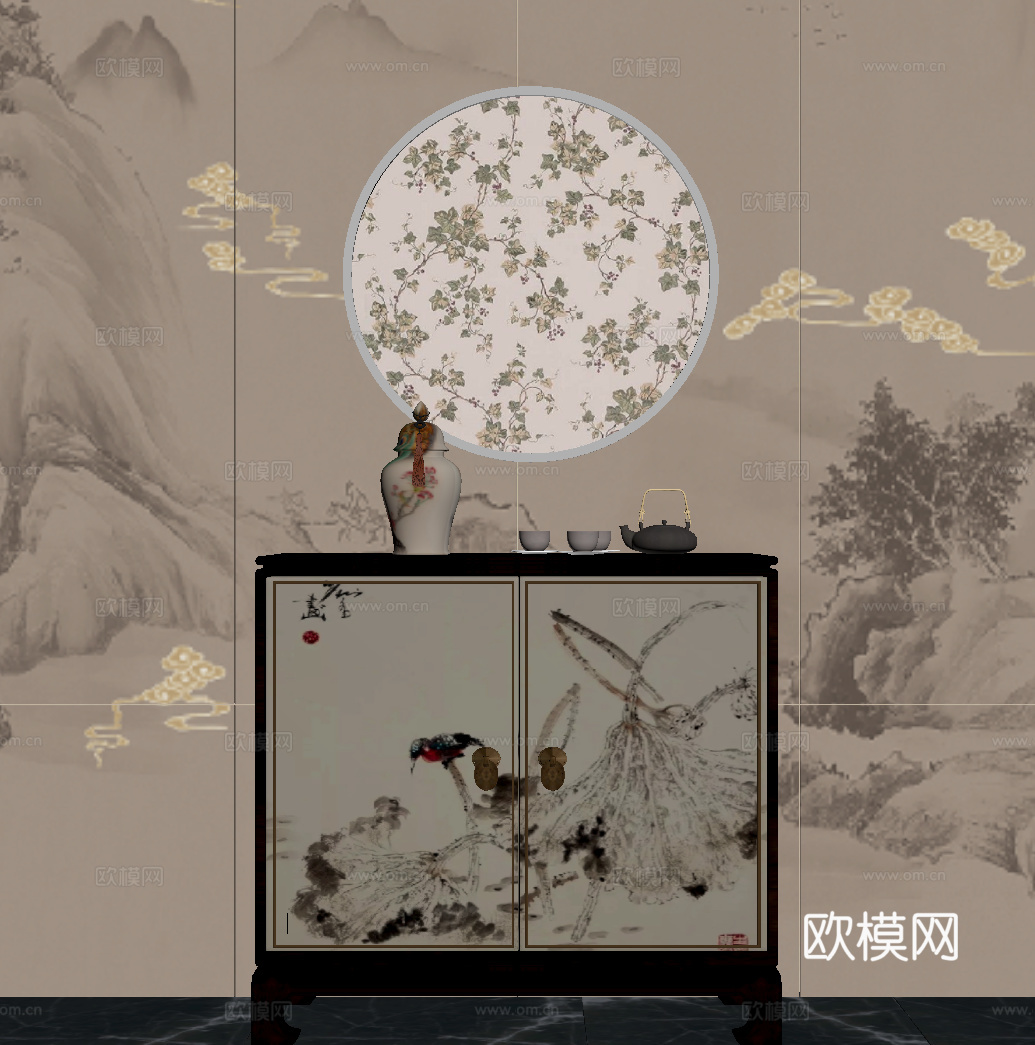 06新中式玄关柜 端景柜 端景台su模型