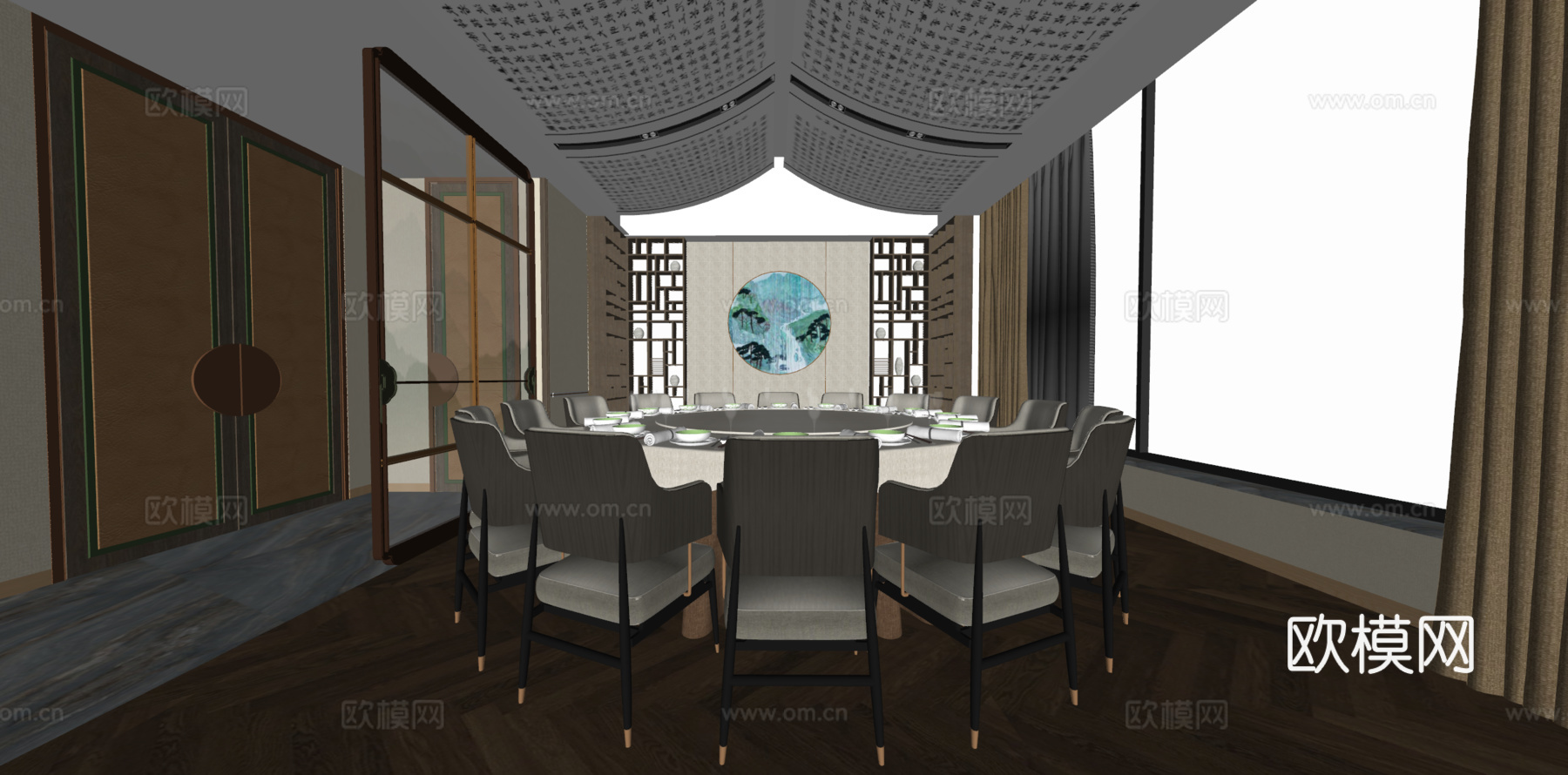 新中式餐厅包间su模型下载