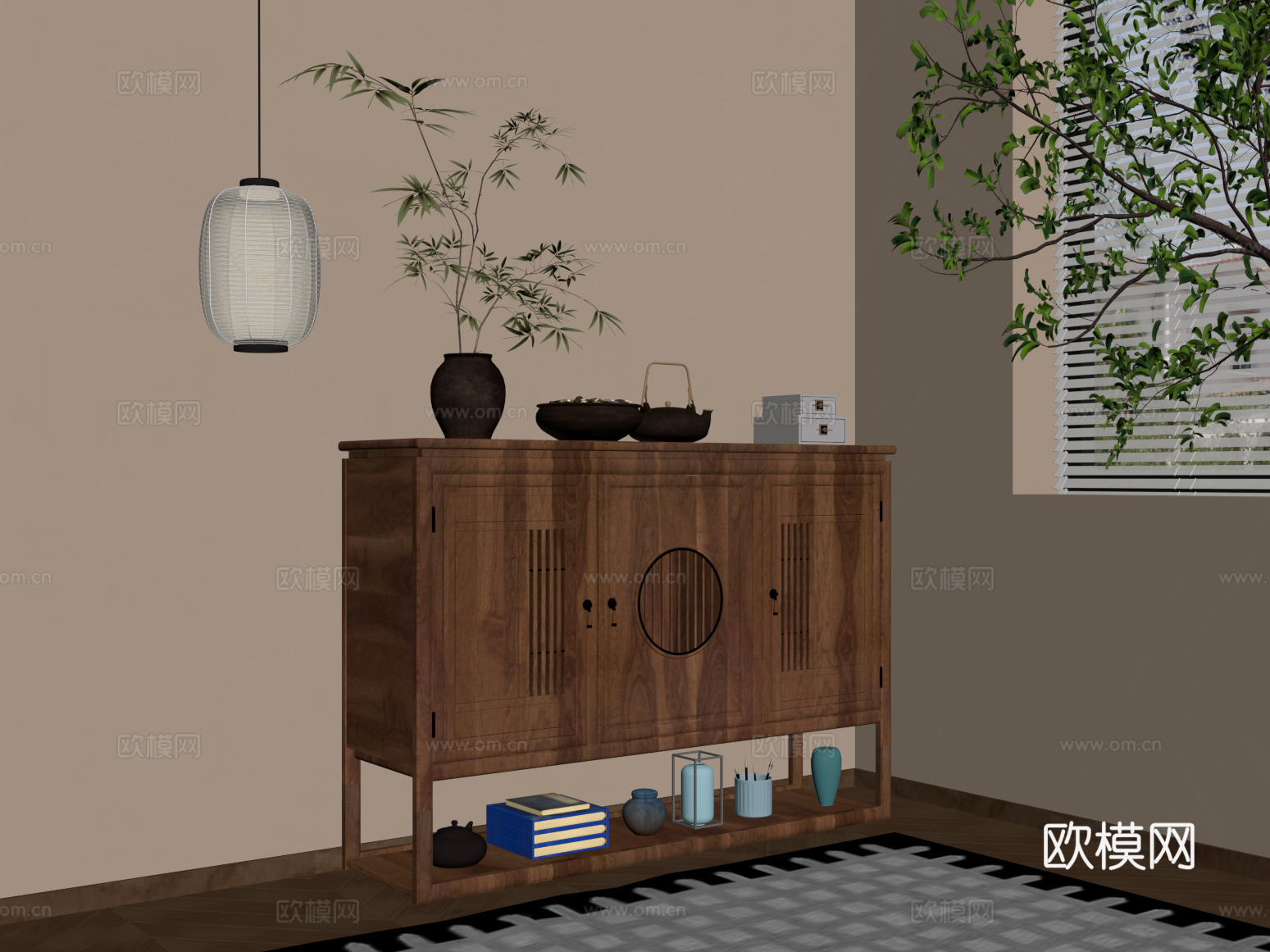 04玄关柜 新中式玄关柜 餐边柜 装饰画 吊灯su模型