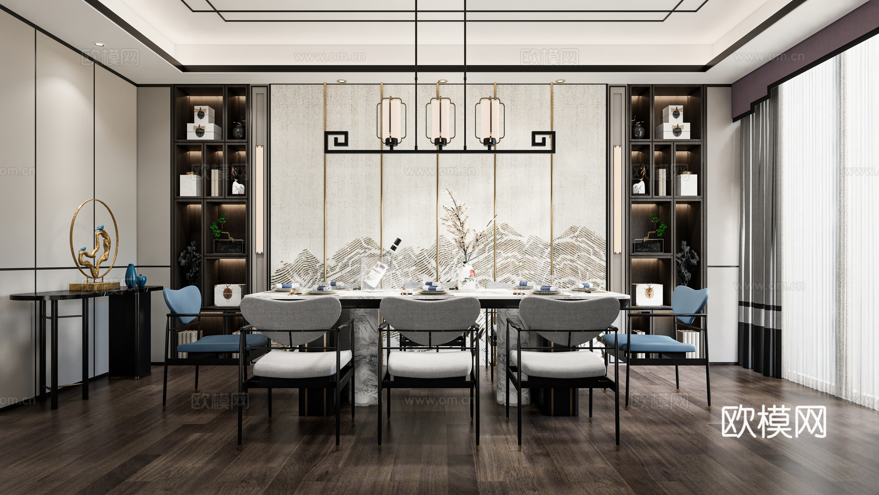 新中式餐厅su模型下载