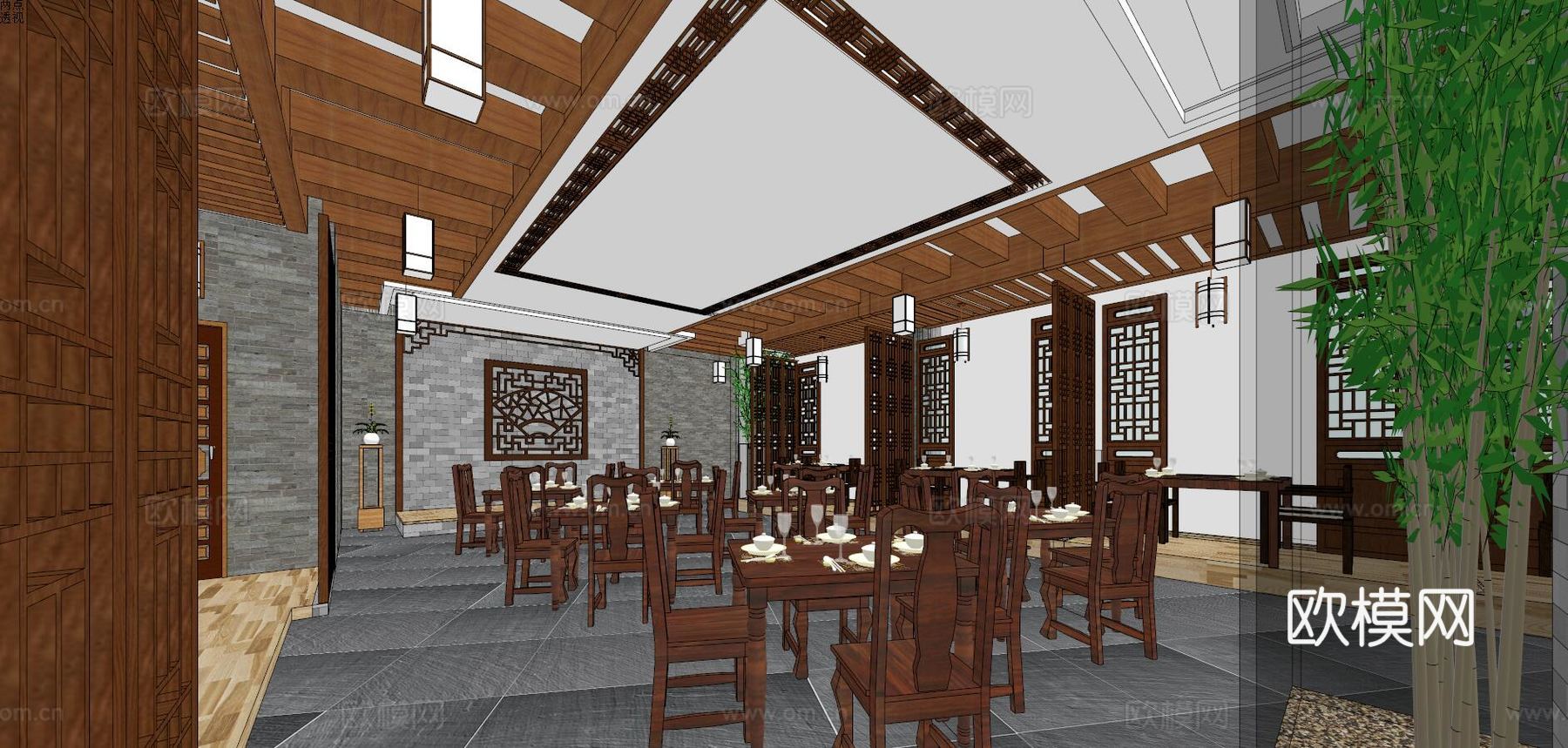 新中式餐厅su模型下载