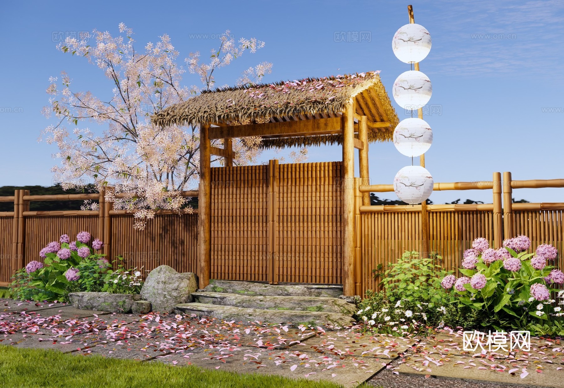 新中式其他景观小建筑 中式乡村庭院门 樱花小院围墙院门 花园su模型
