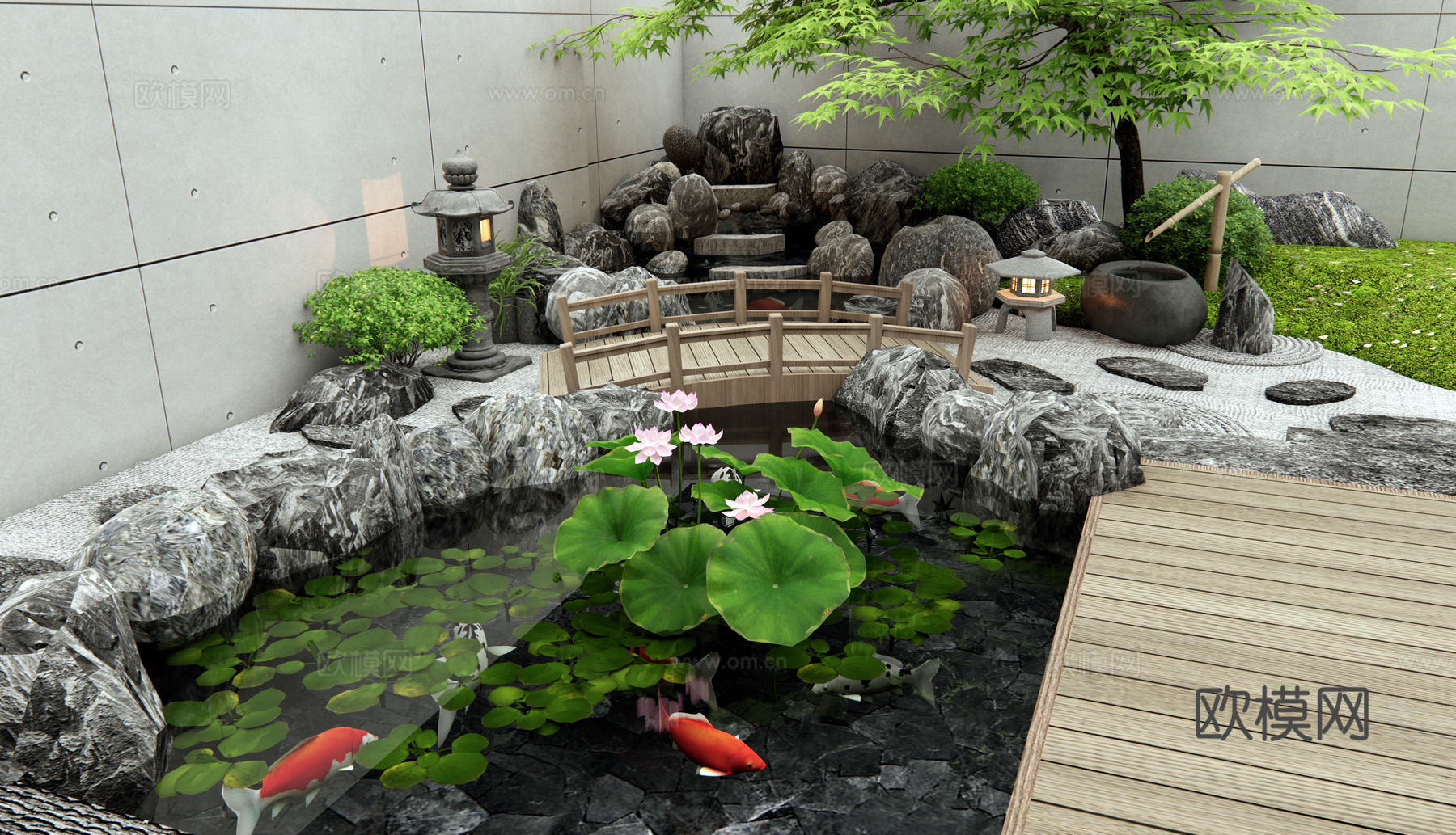 新中式假山水景 鱼池 流水景观 石头景石 荷花 水生植物3d模型