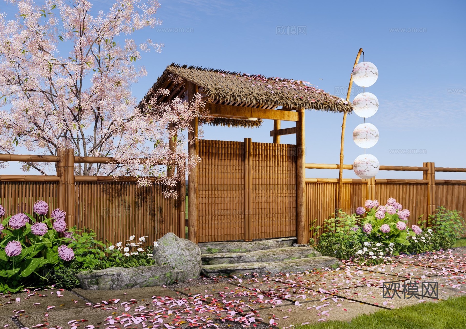 新中式其他景观小建筑 中式乡村庭院门 樱花小院围墙院门 花园su模型
