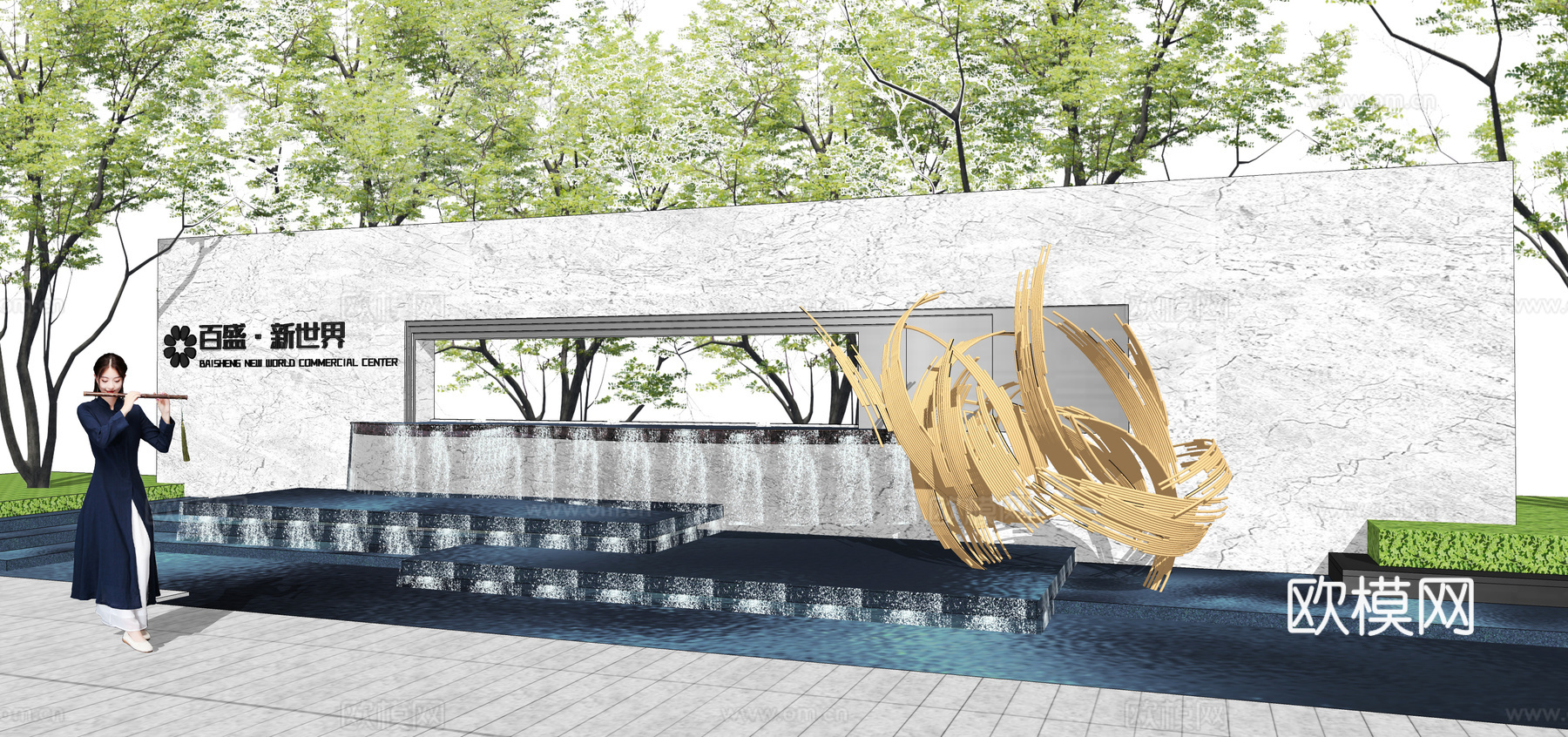 现代水池景观墙su模型下载