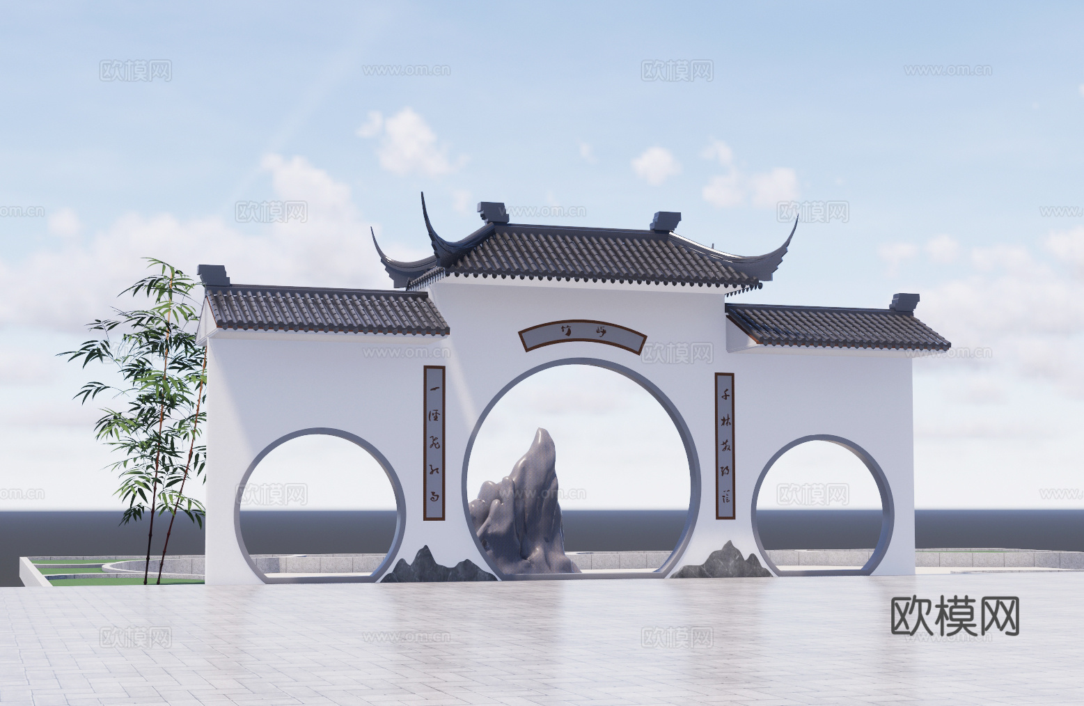 中式月亮门景观墙su模型下载