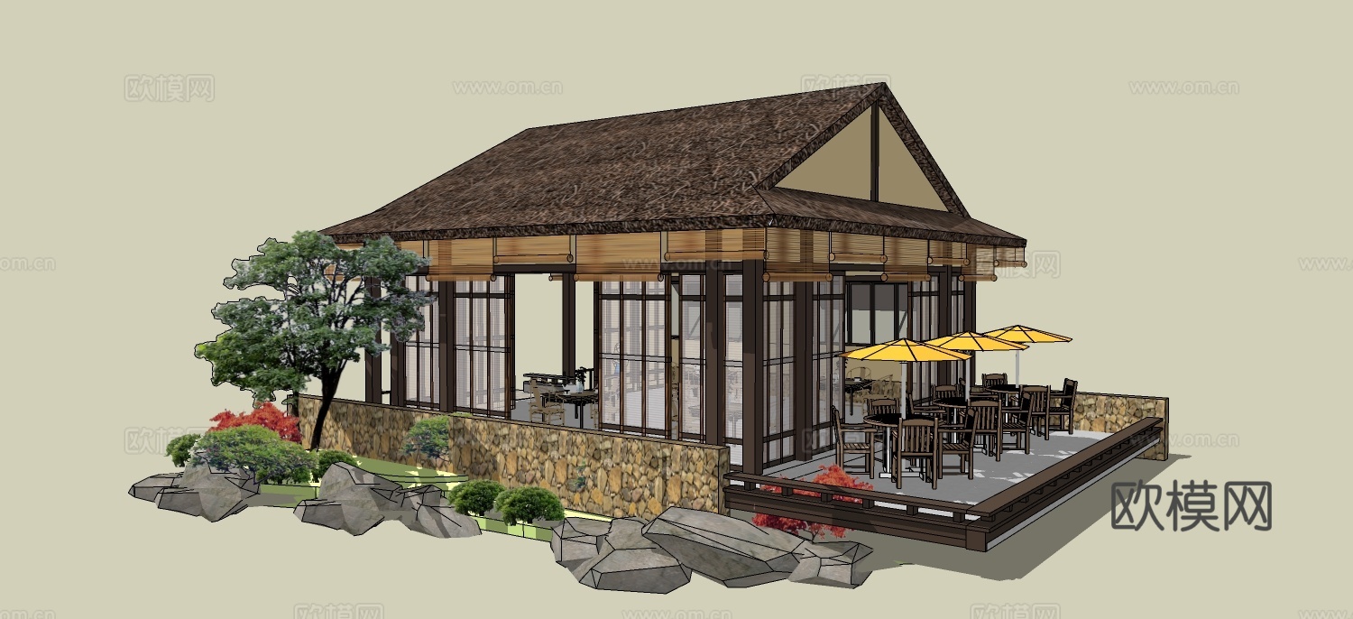 日式木屋外观su模型下载