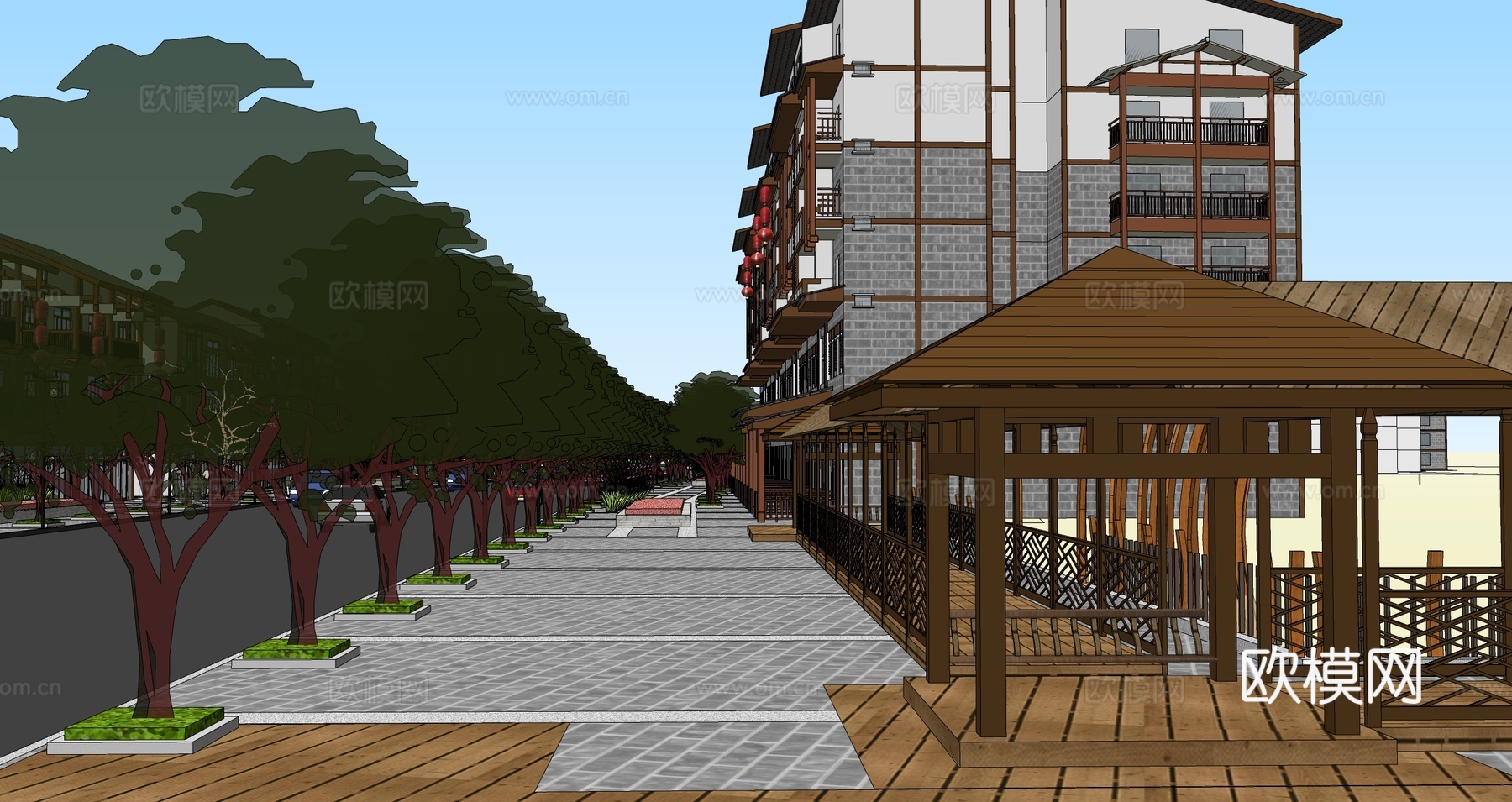 中式古建商业街su模型下载