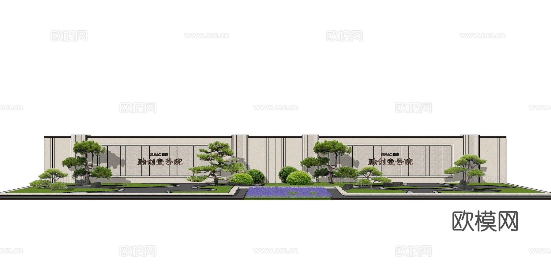 新中式山水景观墙su模型下载