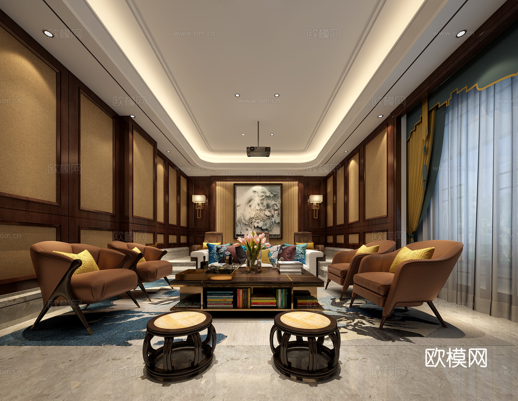 新中式中式休闲室 影视厅 沙发 茶几 地毯3d模型
