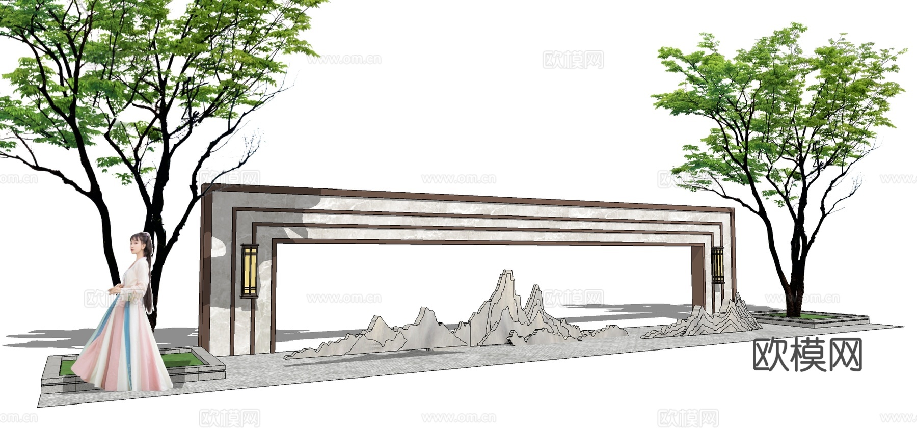 新中式山体景墙su模型下载