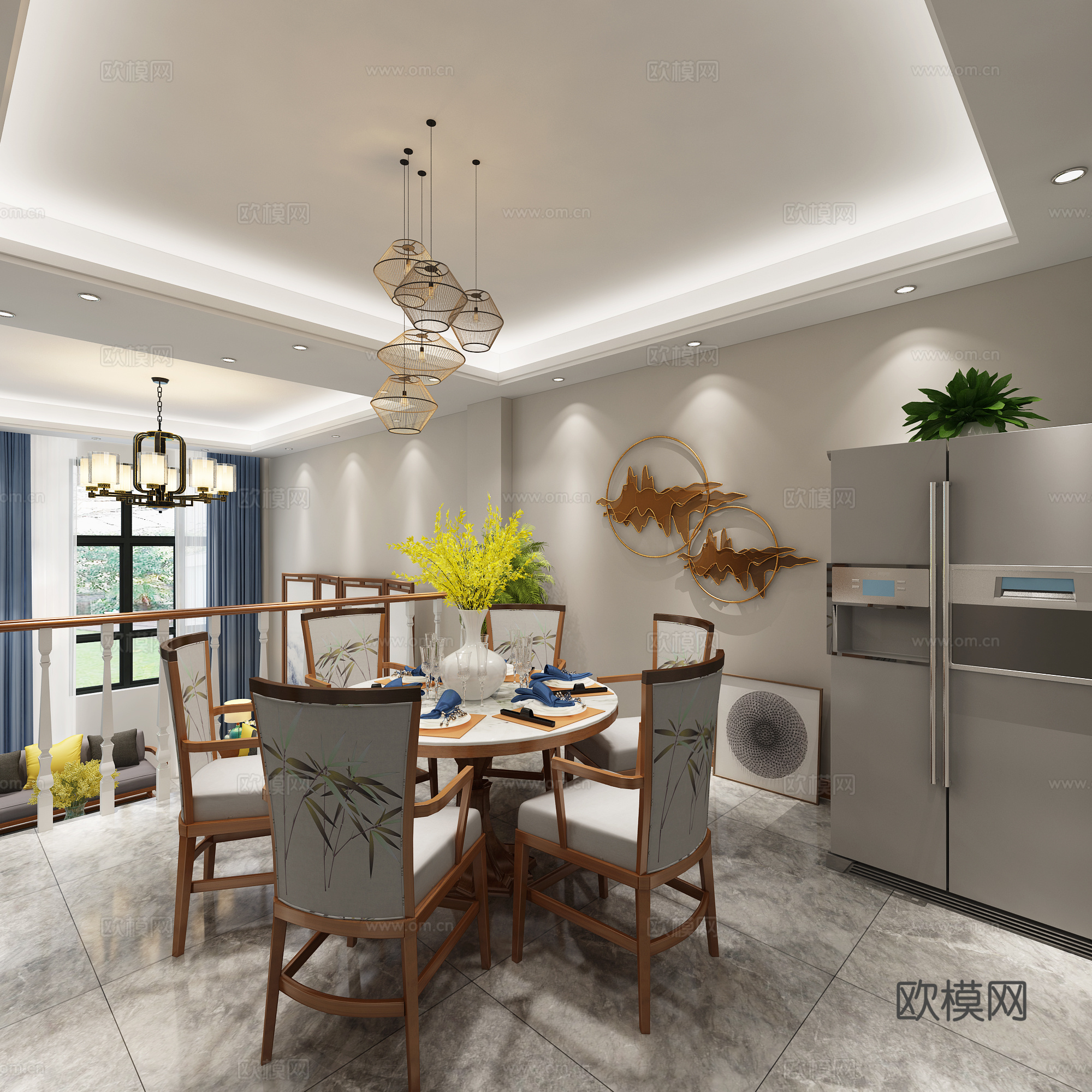 新中式复式客餐厅 沙发茶几 吊灯 挂画 电视柜 摆件 餐桌椅3d模型