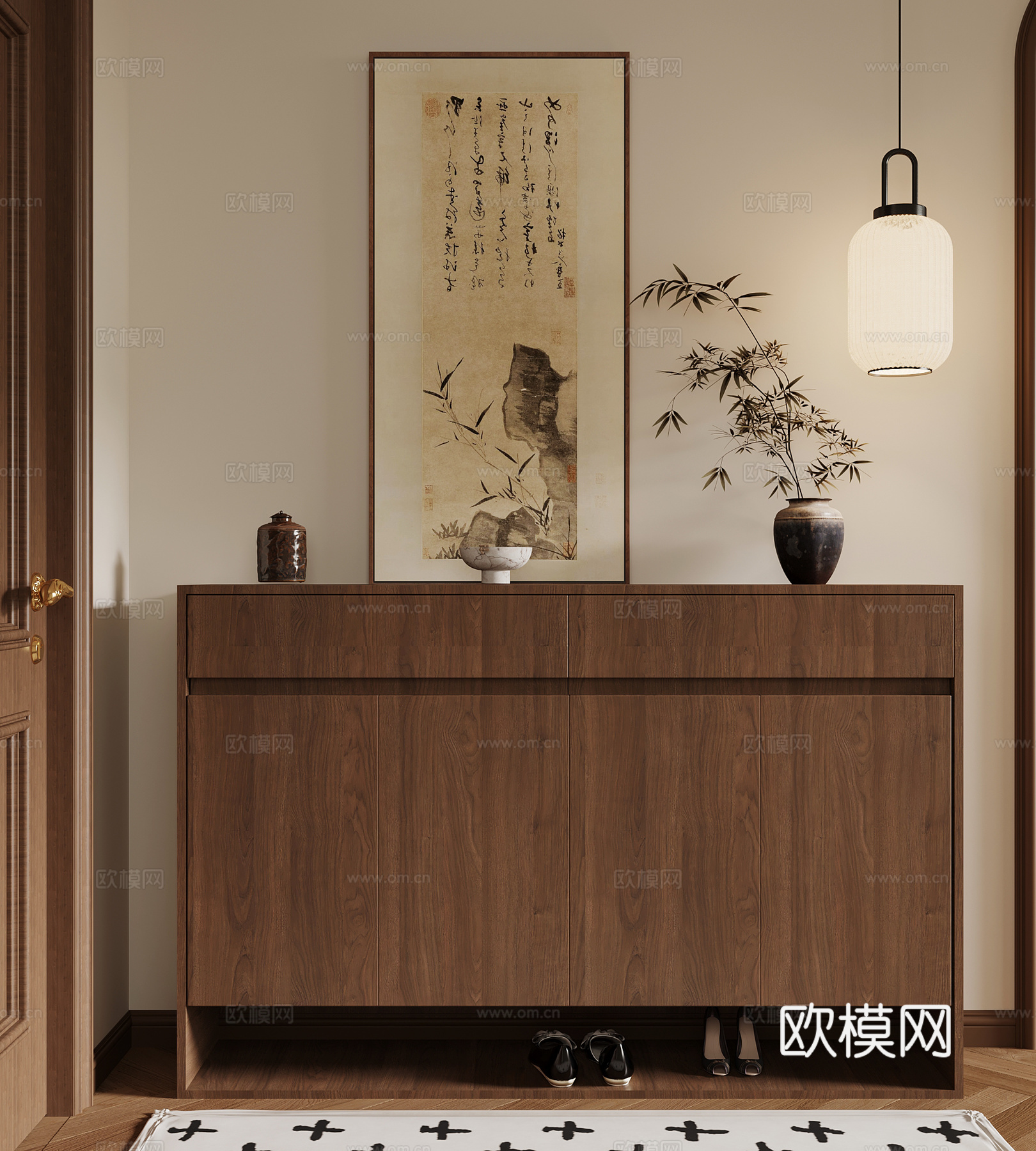 10新中式鞋柜 吊灯 花瓶 挂画3d模型