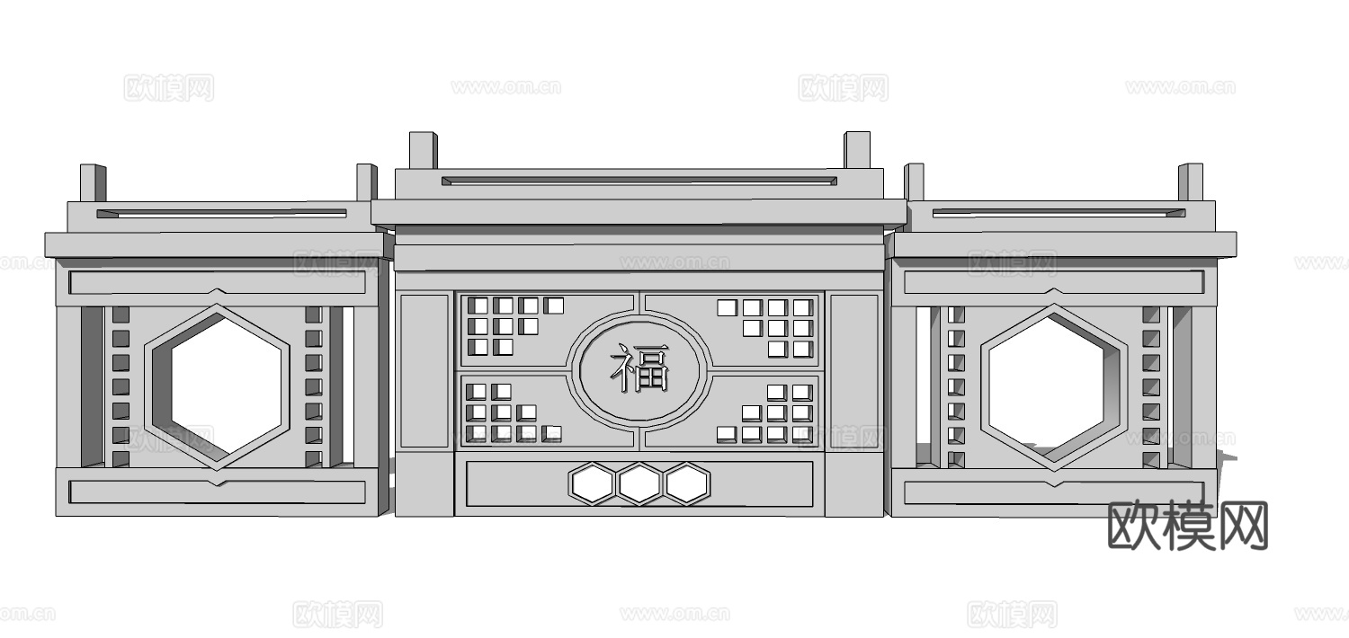 新中式文化墙su模型下载