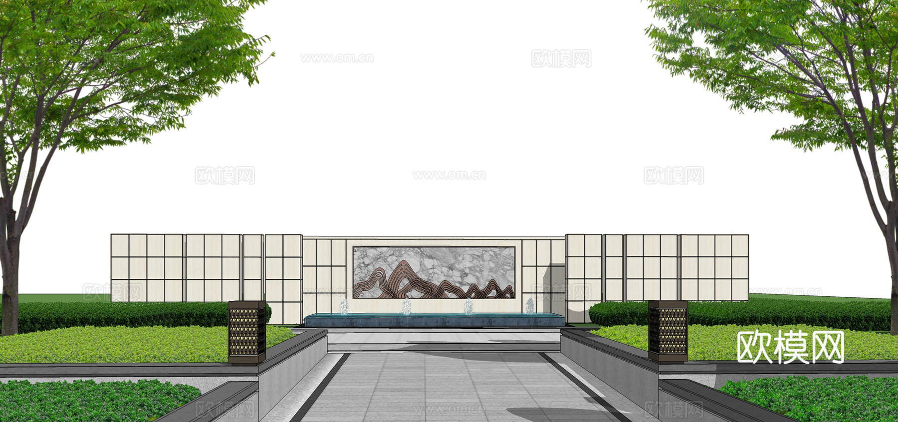 新中式水池景观墙su模型下载