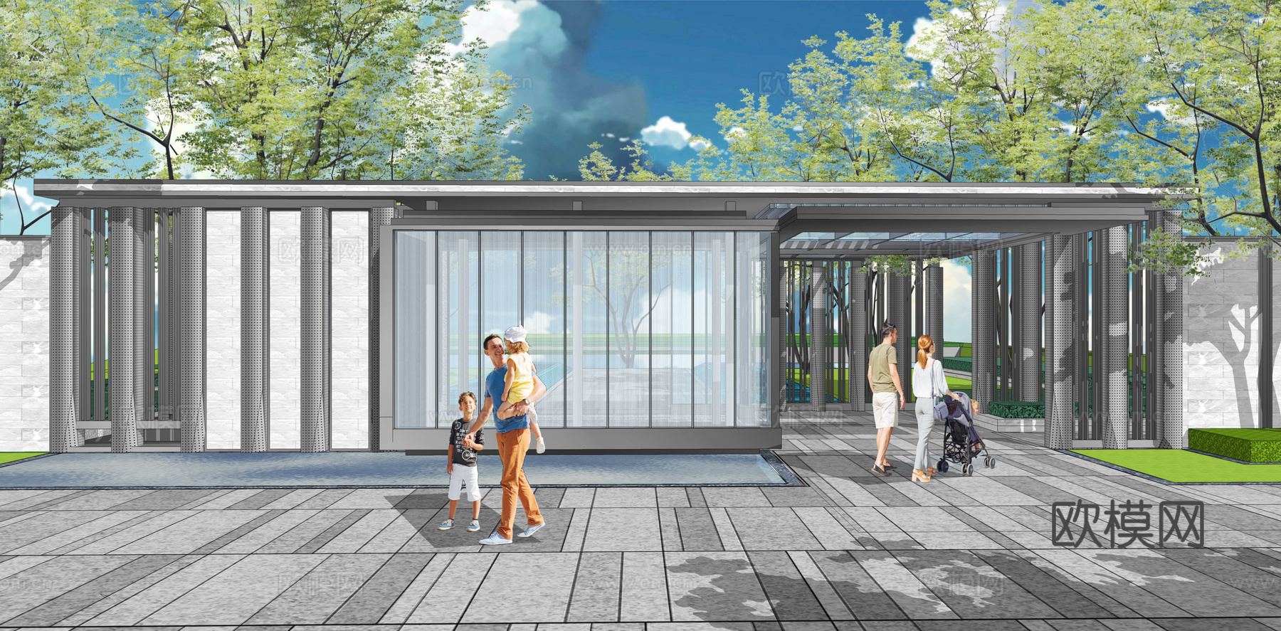 现代住宅休闲镂空廊架su模型下载