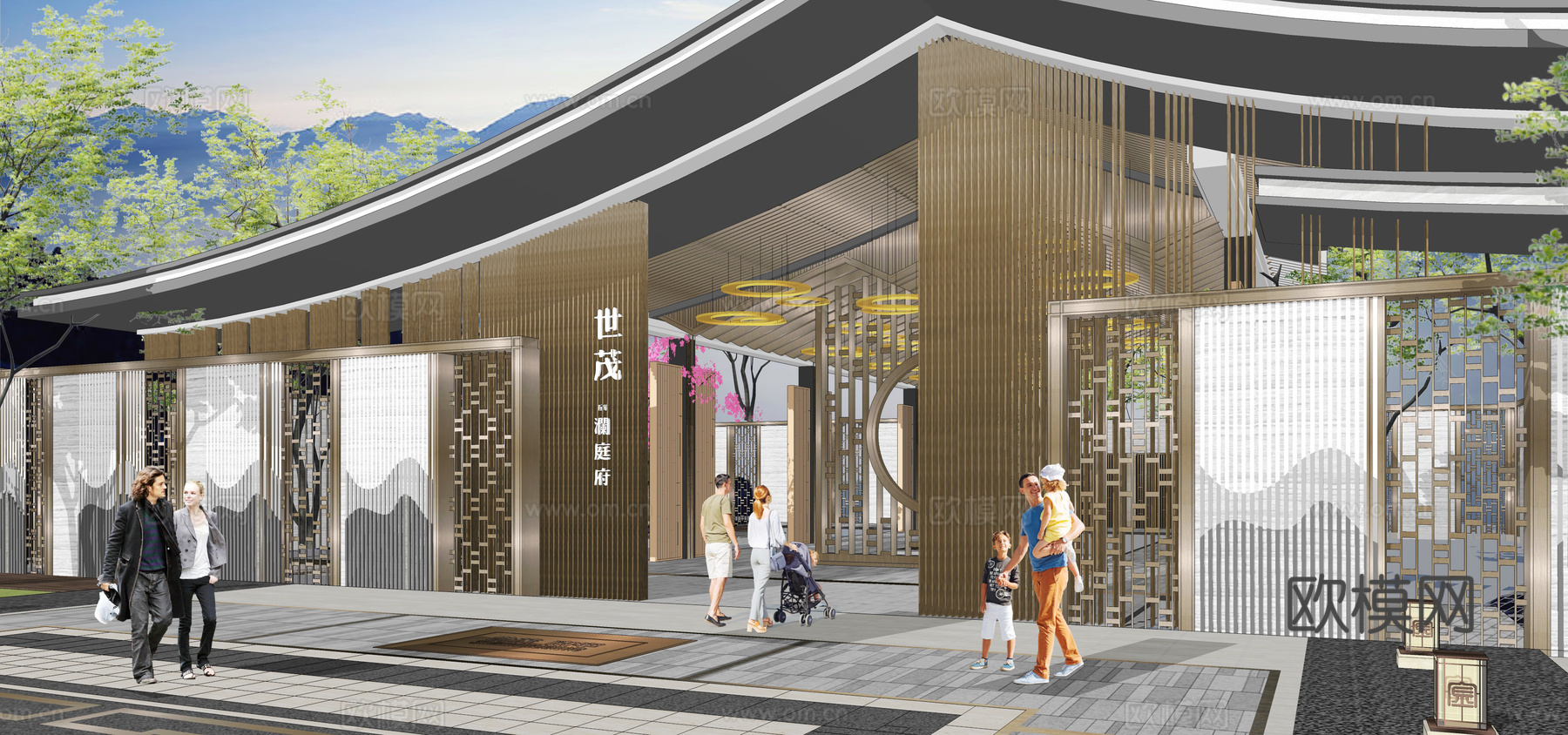 新中式示范区大门门头su模型下载