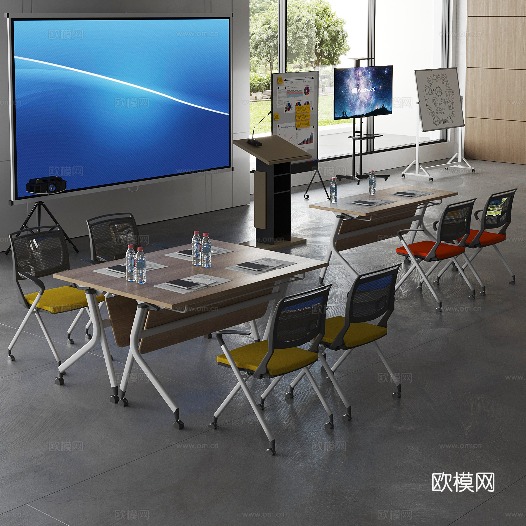 05现代培训室 培训桌椅 投影 电视支架3d模型