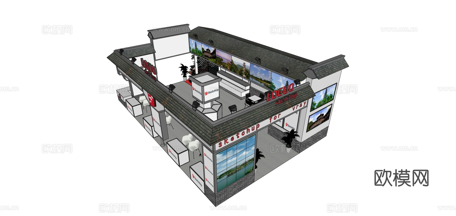 新中式冬交会展厅su模型下载