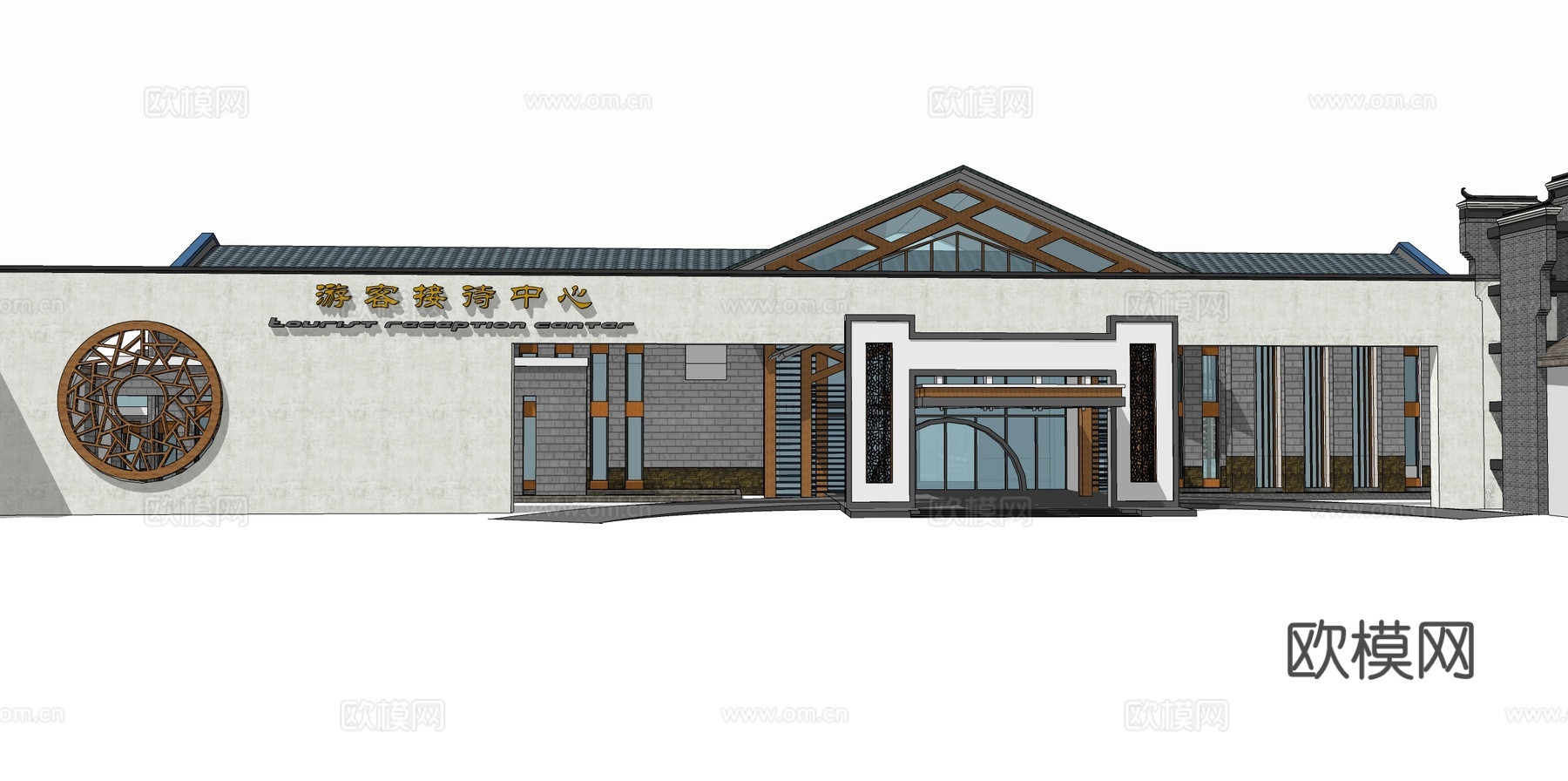 新中式游客接待中心su模型下载